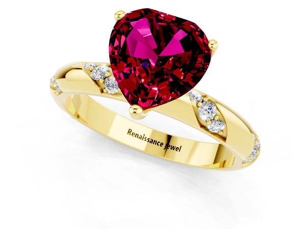 Yellow gold Heart Cut Garnet Solitaire Engagement Ring with Twisted Round  Accent Band and Prong Setting