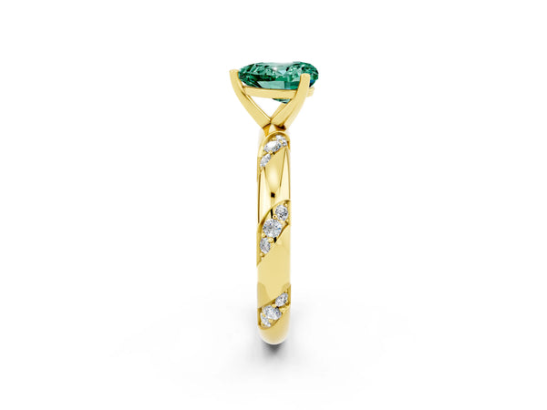 Yellow gold Heart Cut Green Sapphire Solitaire Engagement Ring with Twisted Round  Accent Band and Prong Setting