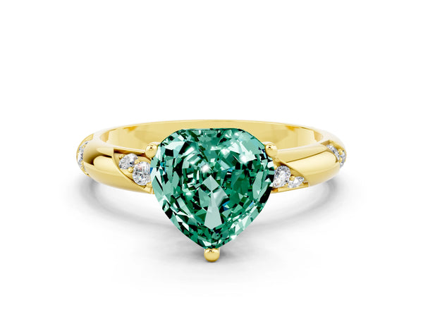 Yellow gold Heart Cut Green Sapphire Solitaire Engagement Ring with Twisted Round  Accent Band and Prong Setting