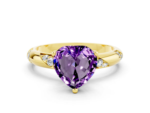 Yellow gold Heart Cut Amethyst Solitaire Engagement Ring with Twisted Round  Accent Band and Prong Setting