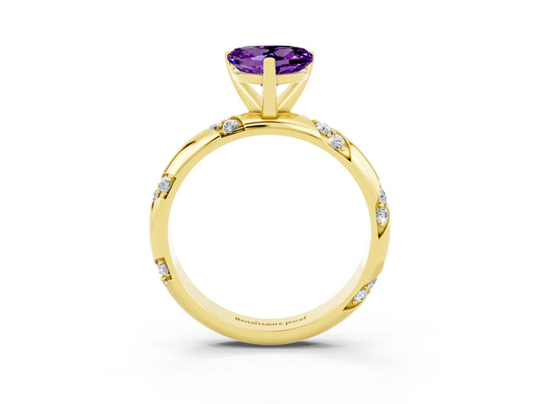 Yellow gold Heart Cut Amethyst Solitaire Engagement Ring with Twisted Round  Accent Band and Prong Setting