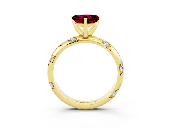 Yellow gold Heart Cut Garnet Solitaire Engagement Ring with Twisted Round  Accent Band and Prong Setting