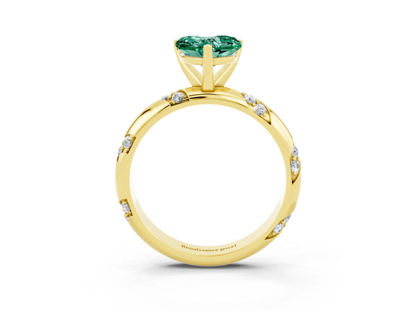 Yellow gold Heart Cut Green Sapphire Solitaire Engagement Ring with Twisted Round  Accent Band and Prong Setting