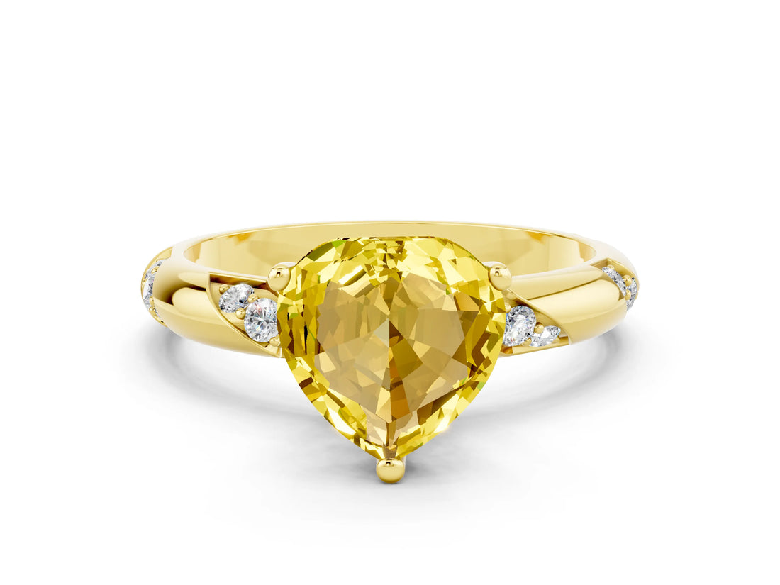 Yellow gold Heart Cut Solitaire Diamond Engagement Ring with Twisted Pave Band and Four-Prong Setting