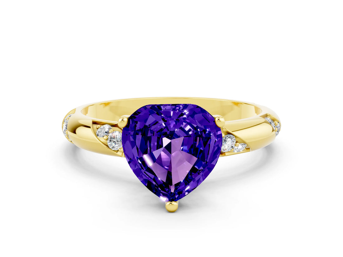 Yellow gold Heart Cut Solitaire Diamond Engagement Ring with Twisted Pave Band and Four-Prong Setting