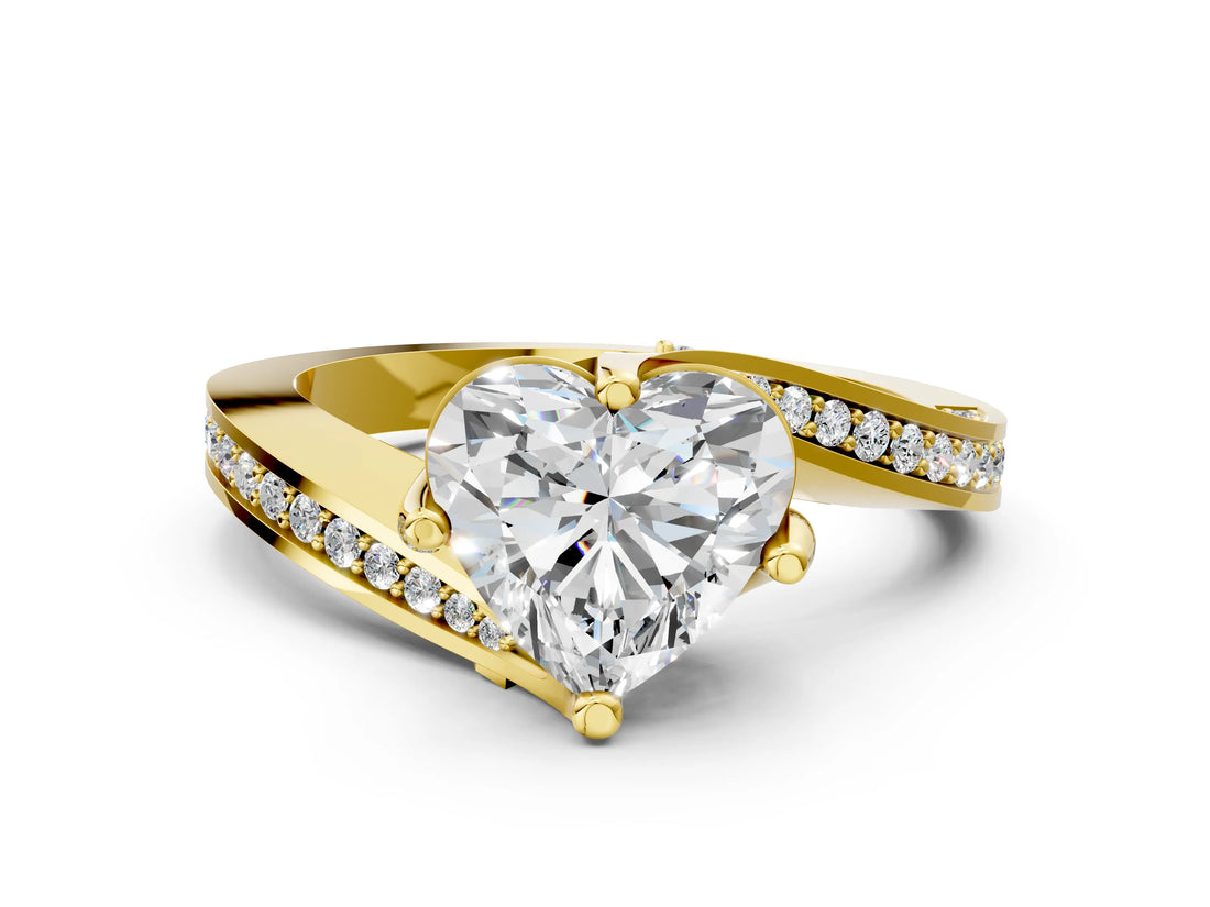 Yellow gold Heart Cut Solitaire Diamond Twist Band with Pavé Setting and Four-Prong Setting_7