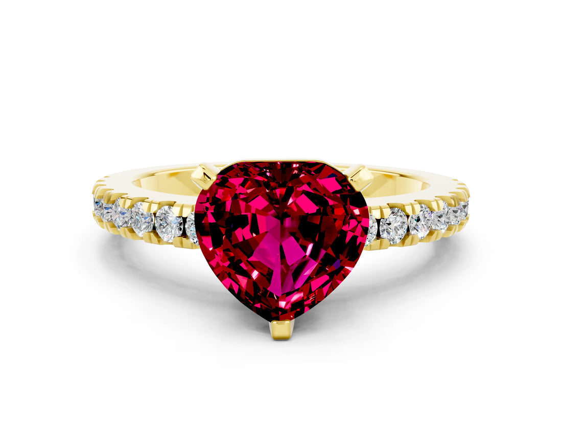 Yellow gold Heart Cut Solitaire Diamond with Pavé Band and Four-Prong Setting