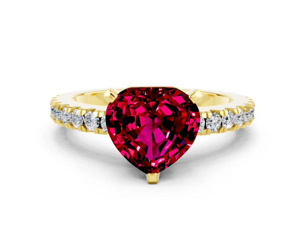 Yellow gold Heart Cut Solitaire Garnet with Pavé Band and Four-Prong Setting
