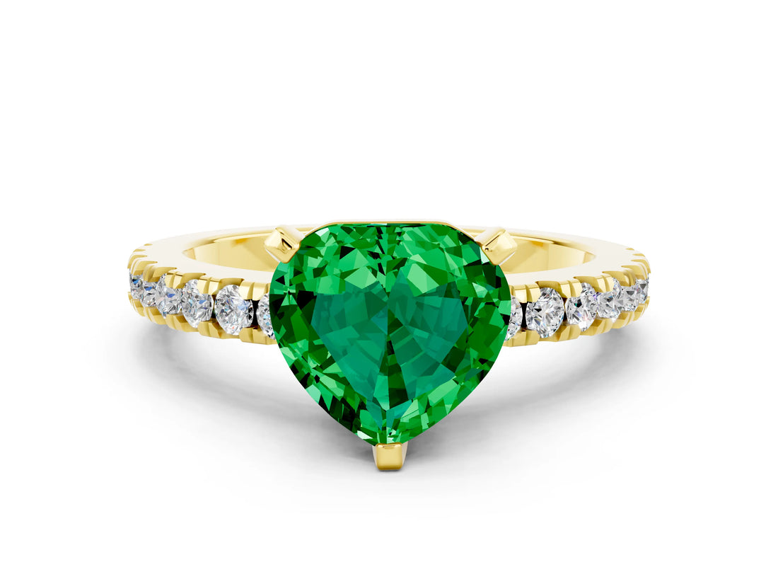 Yellow gold Heart Cut Solitaire Diamond with Pavé Band and Four-Prong Setting