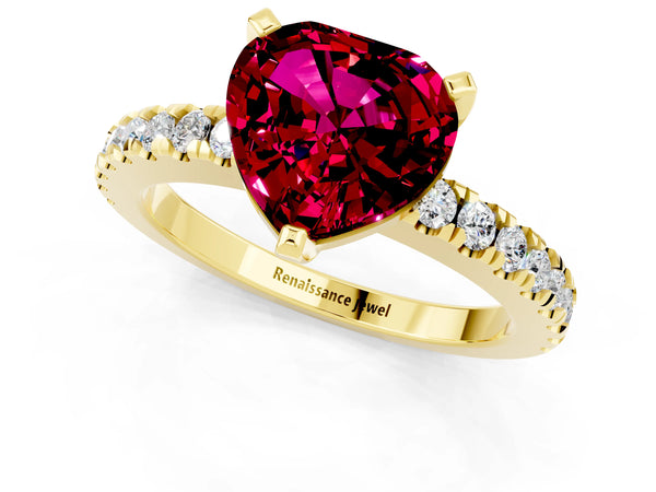Yellow gold Heart Cut Solitaire Garnet with Pavé Band and Four-Prong Setting