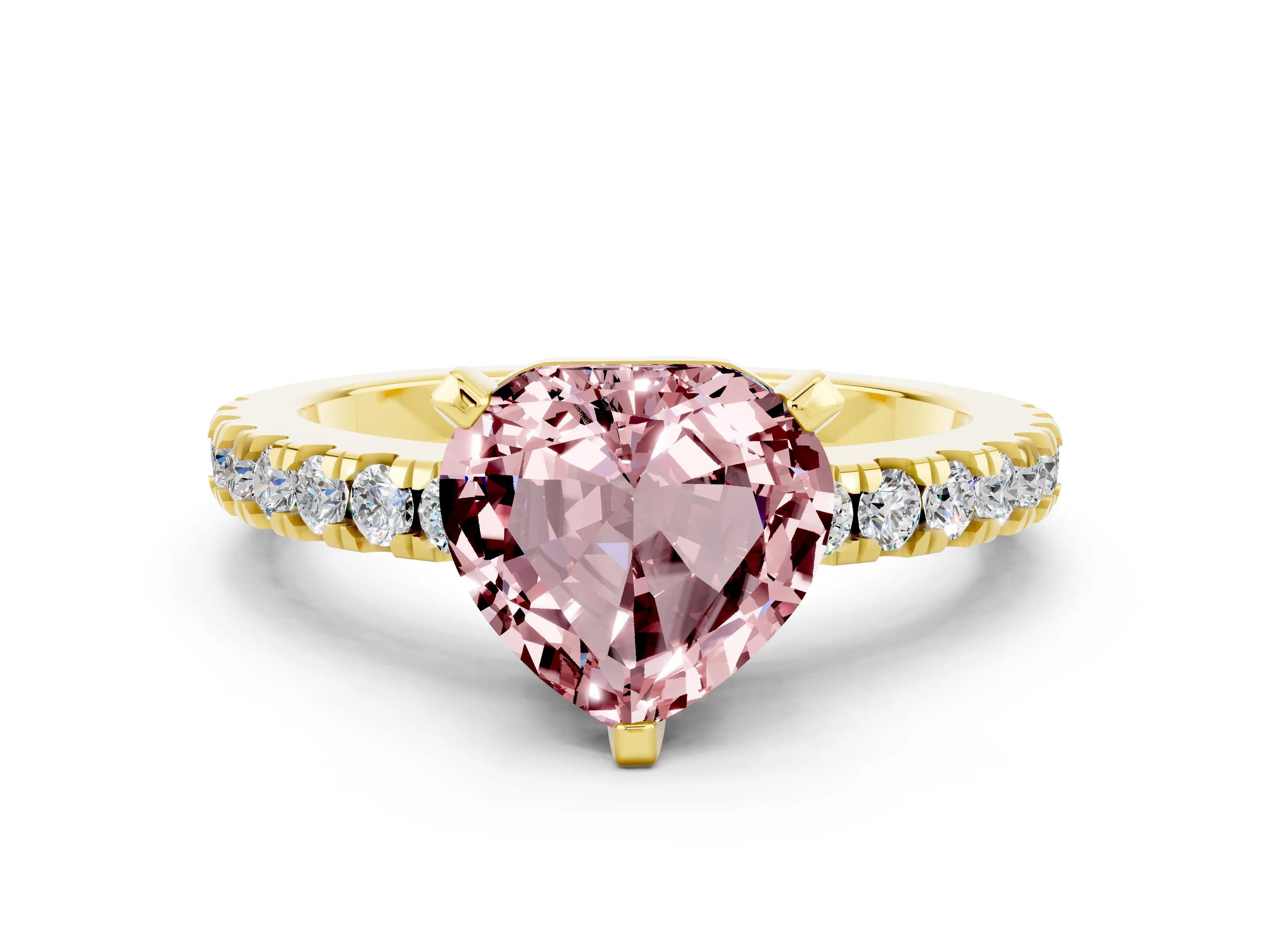 Yellow gold Heart Cut Solitaire Diamond with Pavé Band and Four-Prong Setting