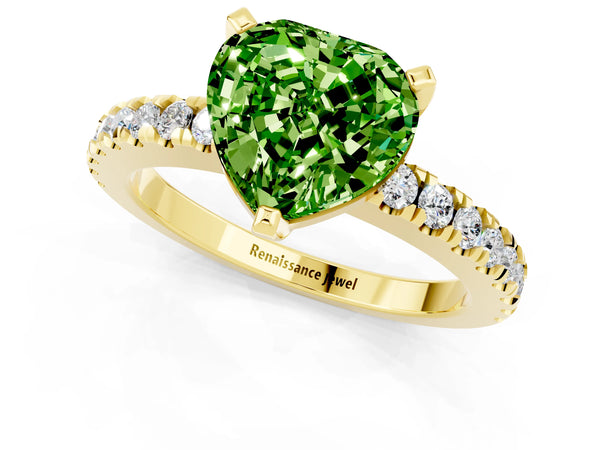 Yellow gold Heart Cut Solitaire Peridot with Pavé Band and Four-Prong Setting