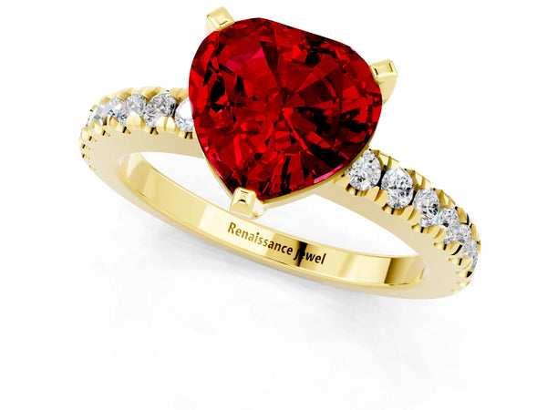 Yellow gold Heart Cut Solitaire Ruby with Pavé Band and Four-Prong Setting