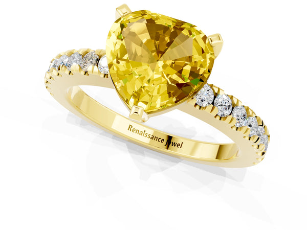 Yellow gold Heart Cut Solitaire Yellow Sapphire with Pavé Band and Four-Prong Setting