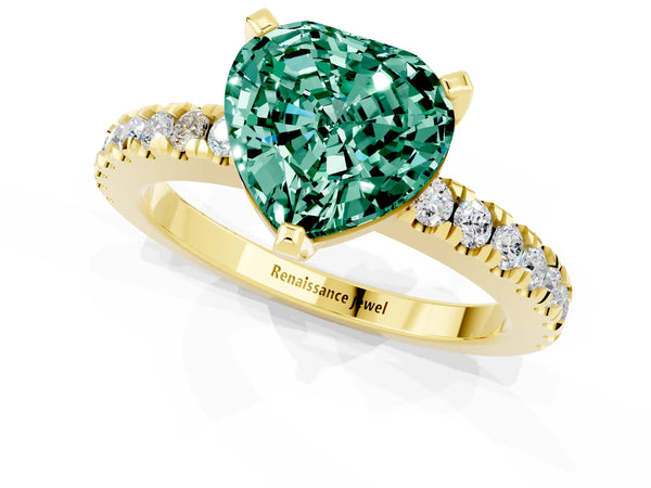 Yellow gold Heart Cut Solitaire Green Sapphire with Pavé Band and Four-Prong Setting
