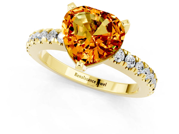 Yellow gold Heart Cut Solitaire Citrine with Pavé Band and Four-Prong Setting