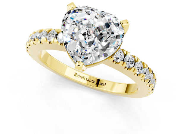 Yellow gold Heart Cut Solitaire Moissanite with Pavé Band and Four-Prong Setting