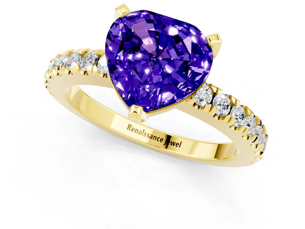 Yellow gold Heart Cut Solitaire Tanzanite with Pavé Band and Four-Prong Setting