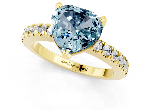 Yellow gold Heart Cut Solitaire Aquamarine with Pavé Band and Four-Prong Setting