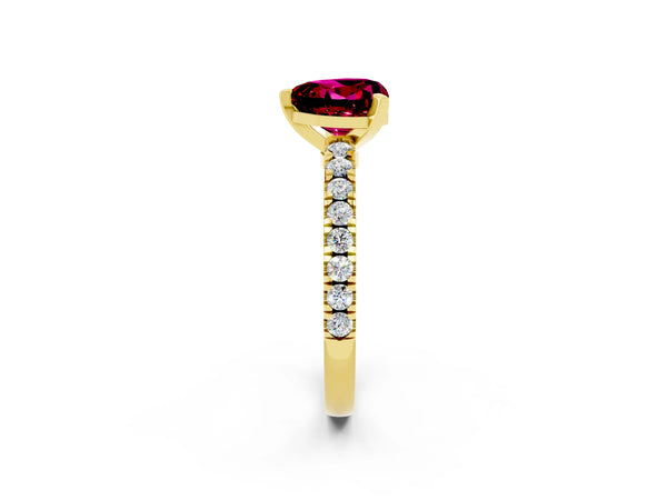 Yellow gold Heart Cut Solitaire Garnet with Pavé Band and Four-Prong Setting