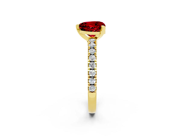 Yellow gold Heart Cut Solitaire Ruby with Pavé Band and Four-Prong Setting