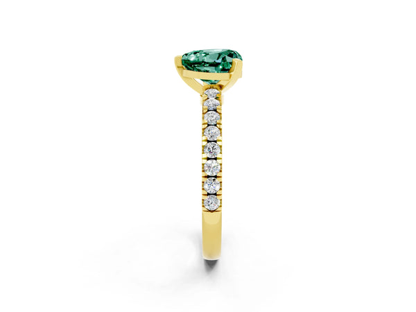 Yellow gold Heart Cut Solitaire Green Sapphire with Pavé Band and Four-Prong Setting