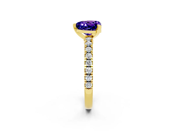 Yellow gold Heart Cut Solitaire Tanzanite with Pavé Band and Four-Prong Setting