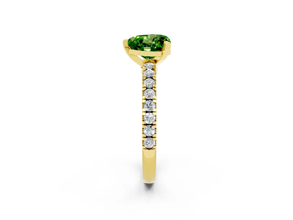 Yellow gold Heart Cut Solitaire Peridot with Pavé Band and Four-Prong Setting