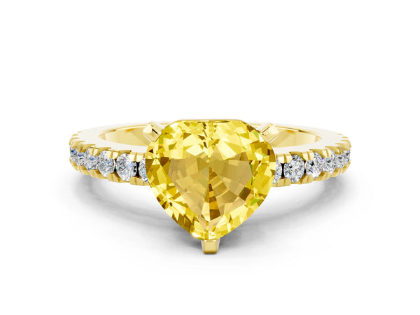 Yellow gold Heart Cut Solitaire Yellow Sapphire with Pavé Band and Four-Prong Setting