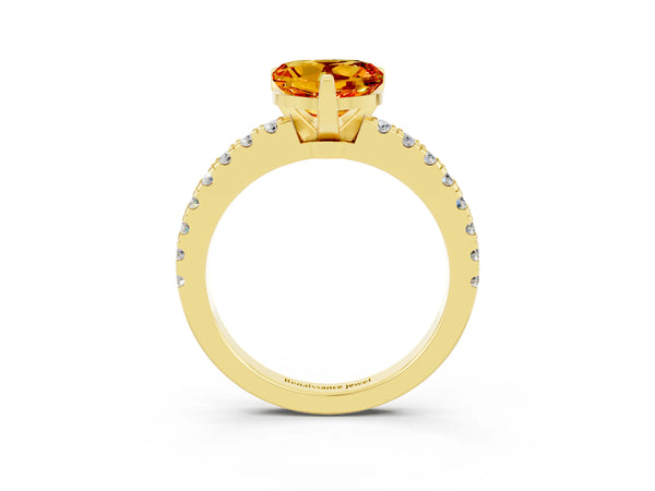 Yellow gold Heart Cut Solitaire Citrine with Pavé Band and Four-Prong Setting