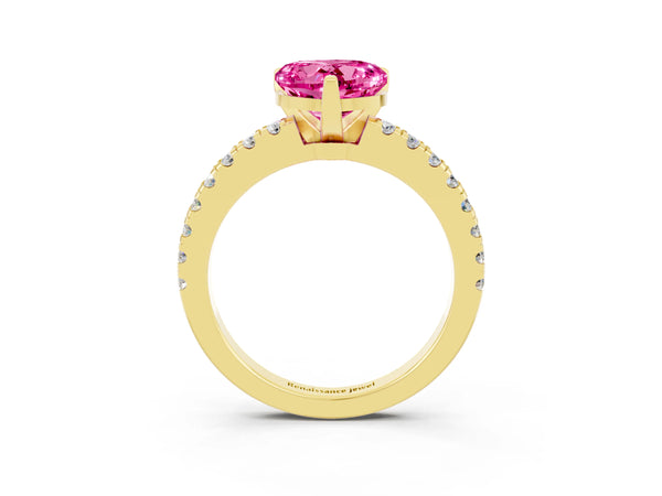 Yellow gold Heart Cut Solitaire Pink Sapphire with Pavé Band and Four-Prong Setting