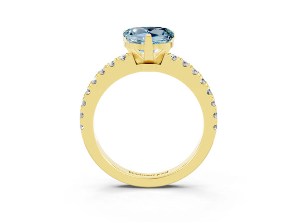 Yellow gold Heart Cut Solitaire Aquamarine with Pavé Band and Four-Prong Setting