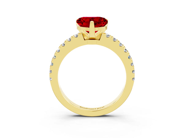 Yellow gold Heart Cut Solitaire Ruby with Pavé Band and Four-Prong Setting