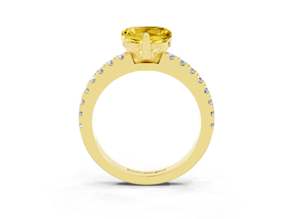 Yellow gold Heart Cut Solitaire Yellow Sapphire with Pavé Band and Four-Prong Setting