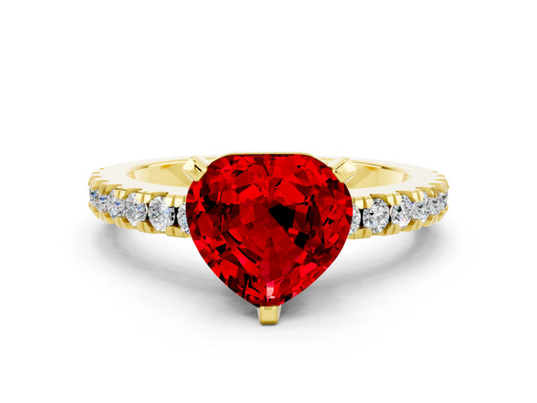 Yellow gold Heart Cut Solitaire Ruby with Pavé Band and Four-Prong Setting
