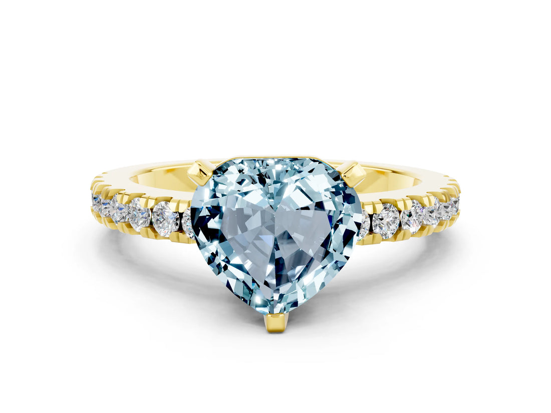 Yellow gold Heart Cut Solitaire Diamond with Pavé Band and Four-Prong Setting