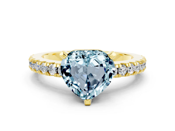 Yellow gold Heart Cut Solitaire Aquamarine with Pavé Band and Four-Prong Setting