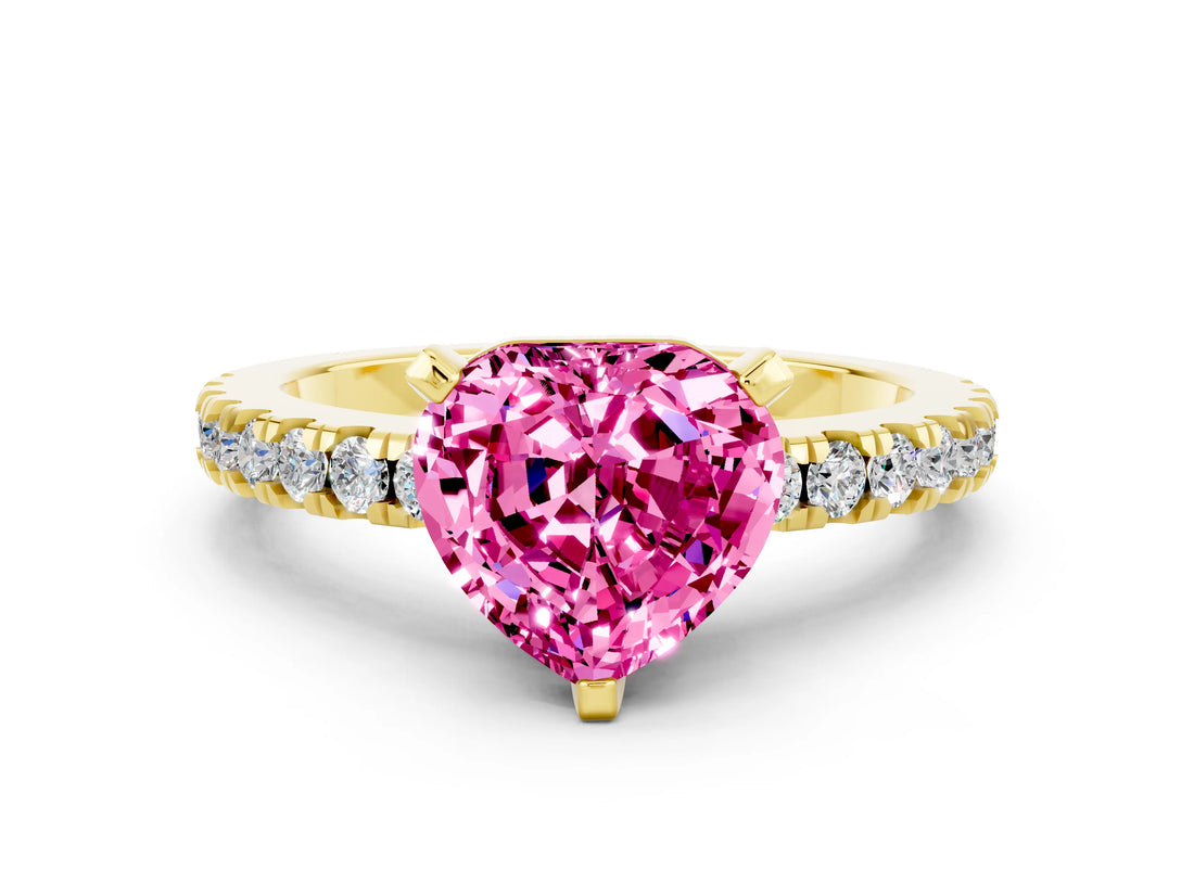 Yellow gold Heart Cut Solitaire Diamond with Pavé Band and Four-Prong Setting