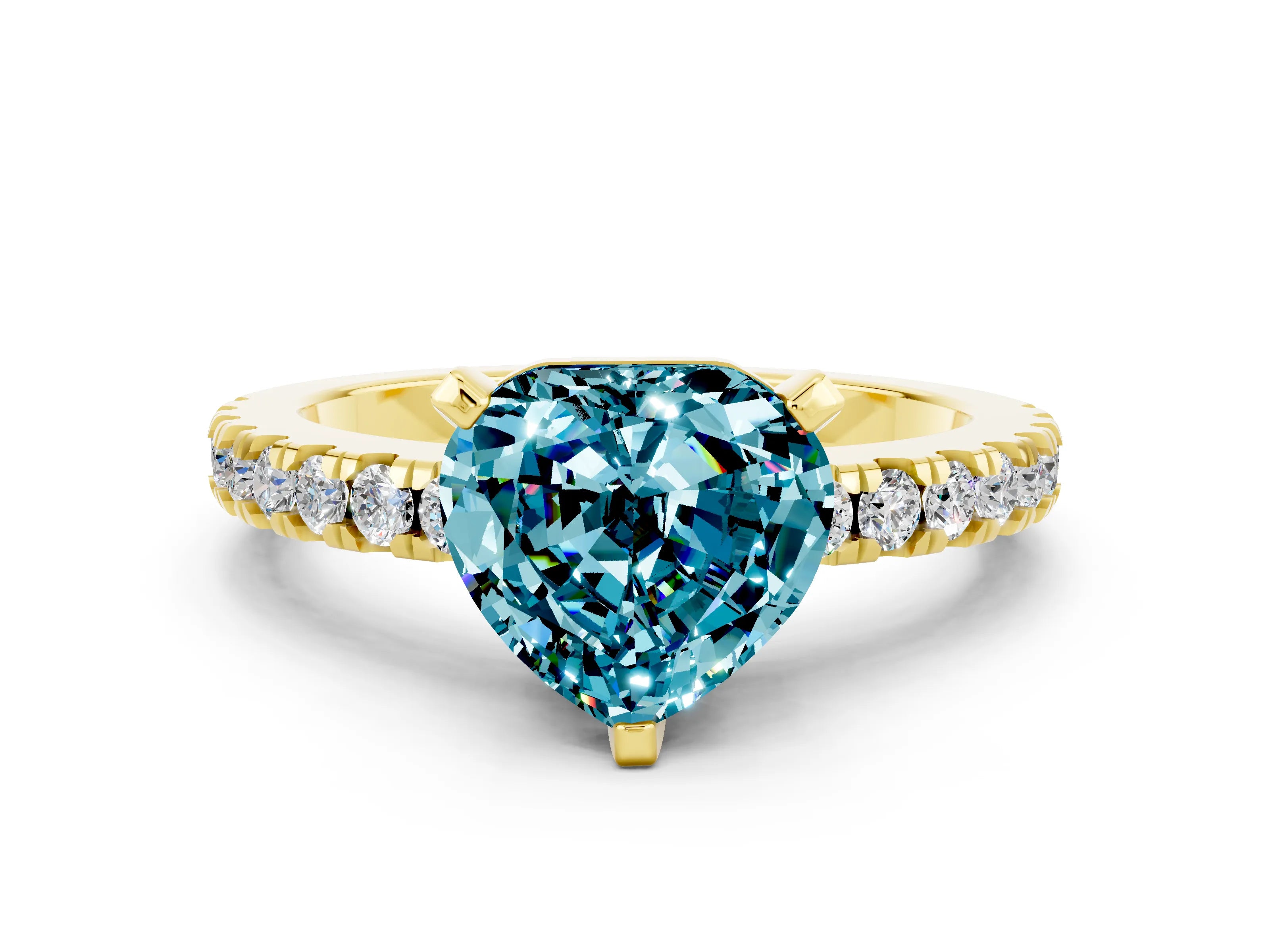 Yellow gold Heart Cut Solitaire Diamond with Pavé Band and Four-Prong Setting