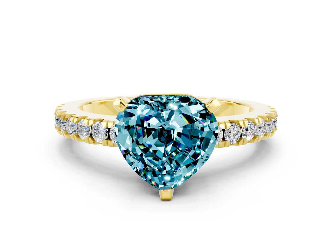 Yellow gold Heart Cut Solitaire Diamond with Pavé Band and Four-Prong Setting