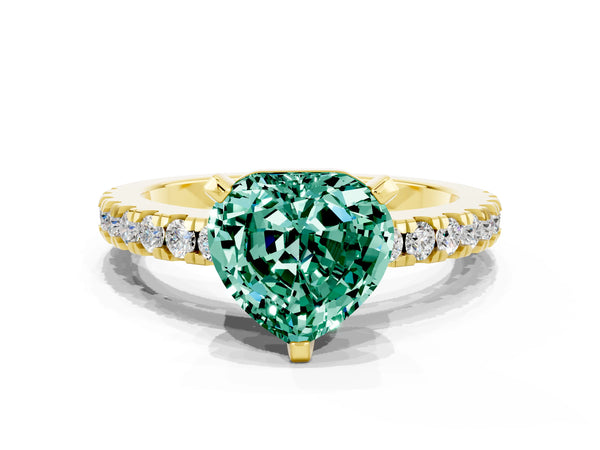 Yellow gold Heart Cut Solitaire Green Sapphire with Pavé Band and Four-Prong Setting