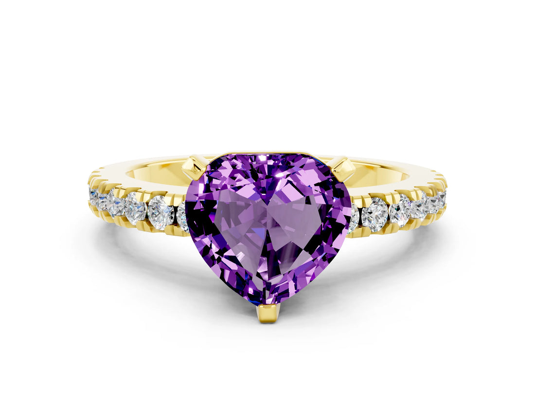Yellow gold Heart Cut Solitaire Diamond with Pavé Band and Four-Prong Setting