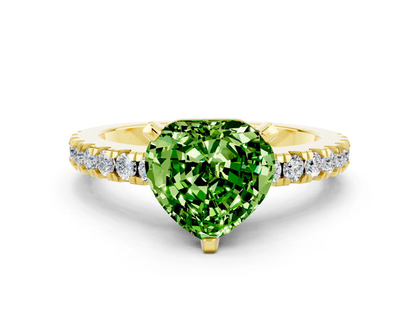 Yellow gold Heart Cut Solitaire Peridot with Pavé Band and Four-Prong Setting