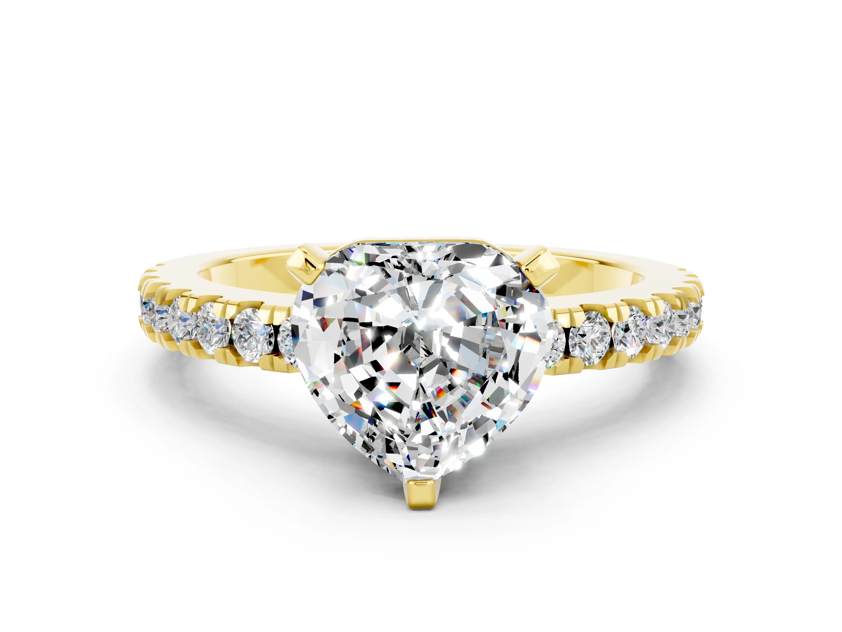 Yellow gold Heart Cut Solitaire Diamond with Pavé Band and Four-Prong Setting