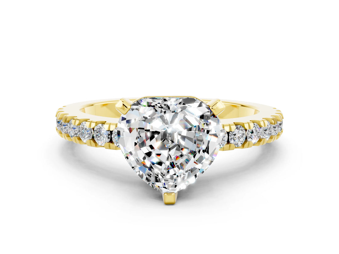 Yellow gold Heart Cut Solitaire Diamond with Pavé Band and Four-Prong Setting