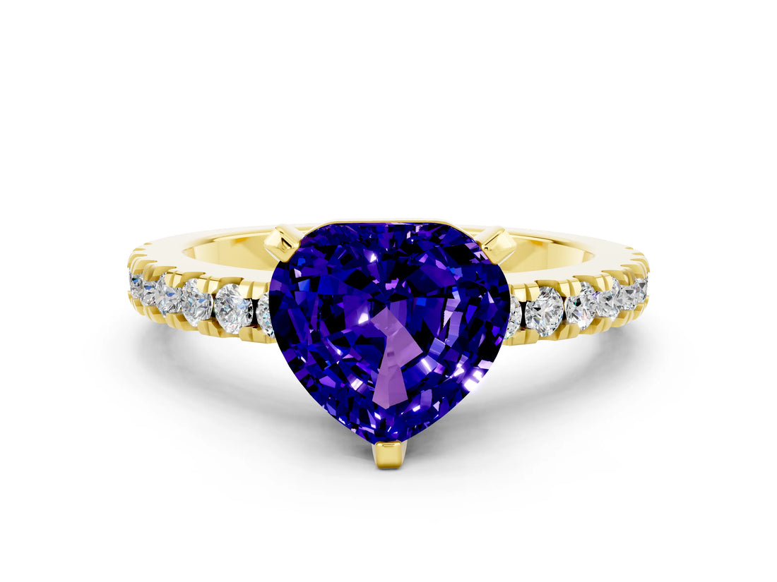 Yellow gold Heart Cut Solitaire Diamond with Pavé Band and Four-Prong Setting