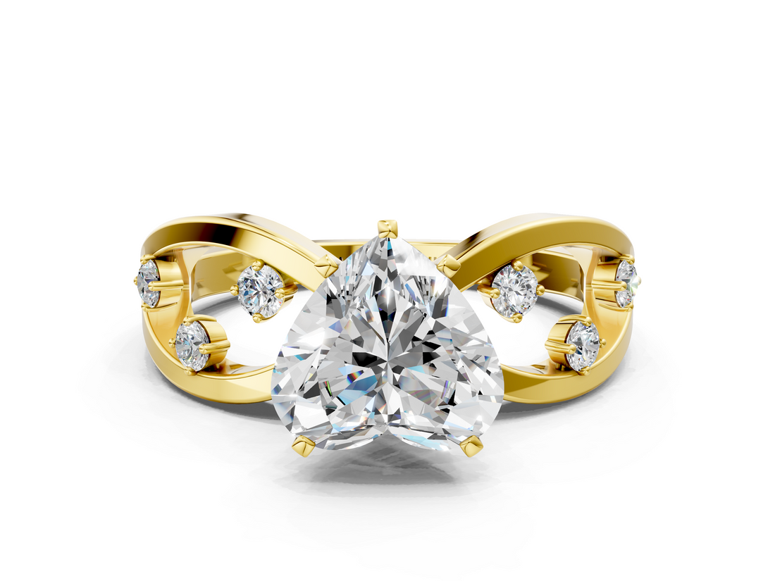 Yellow gold Heart Cut Solitaire Diamond with Side Stones on Criss-Cross Band and Four-Prong Setting_4