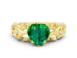 Yellow gold Heart Cut Solitaire Emerald Leaf-Inspired Vine Band Ring with Prong Setting