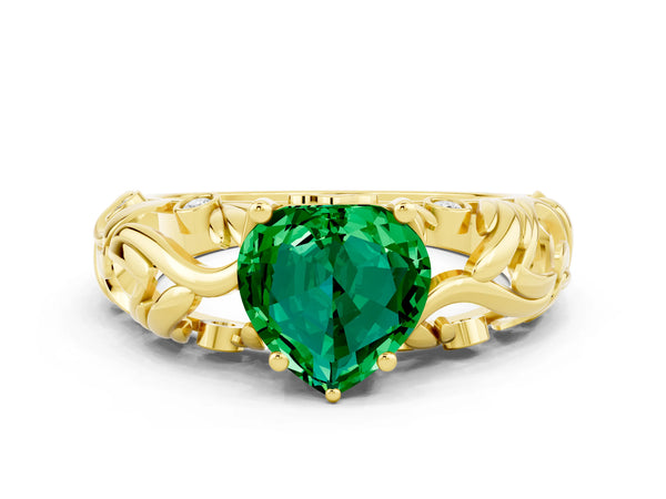 Yellow gold Heart Cut Solitaire Emerald Leaf-Inspired Vine Band Ring with Prong Setting