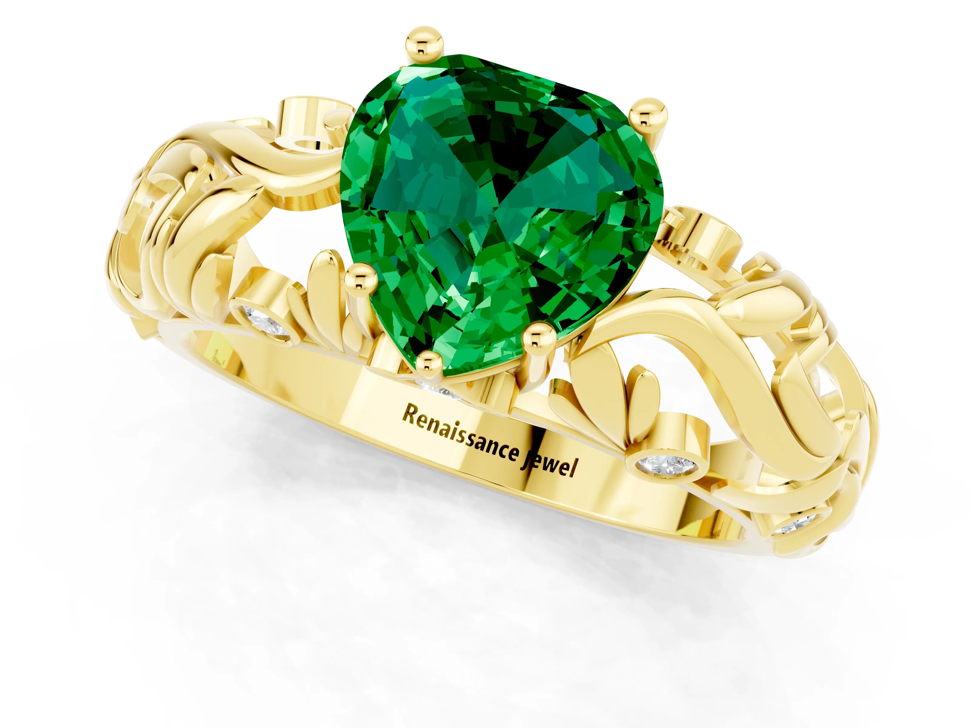 Yellow gold Heart Cut Solitaire Emerald Leaf-Inspired Vine Band Ring with Prong Setting_1